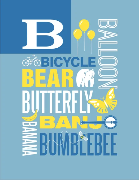 Buchstabe b Typografie Illustration Alphabet Plakatgestaltung mit Wörtern, die mit b beginnen — Stockvektor