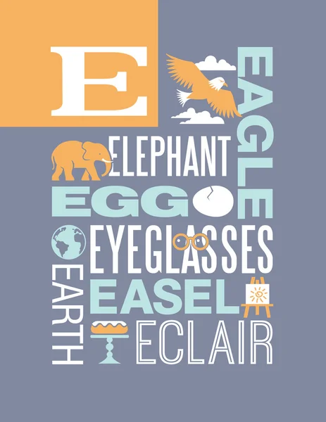 E harfi tipografi illüstrasyon alfabe afiş tasarımı E ile başlayan sözcüklerle — Stok Vektör