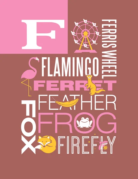 Buchstabe f Typografie Illustration Alphabet Plakatgestaltung mit Wörtern, die mit f beginnen — Stockvektor