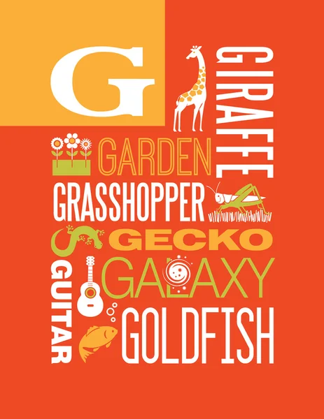 Buchstabe g Typografie Illustration Alphabet Plakatgestaltung mit Wörtern, die mit g beginnen — Stockvektor