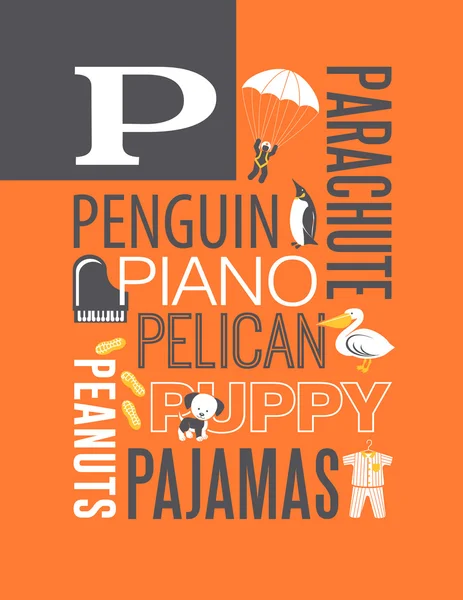 Letter P typography illustration alphabet poster design with words that start with P — Stock Vector