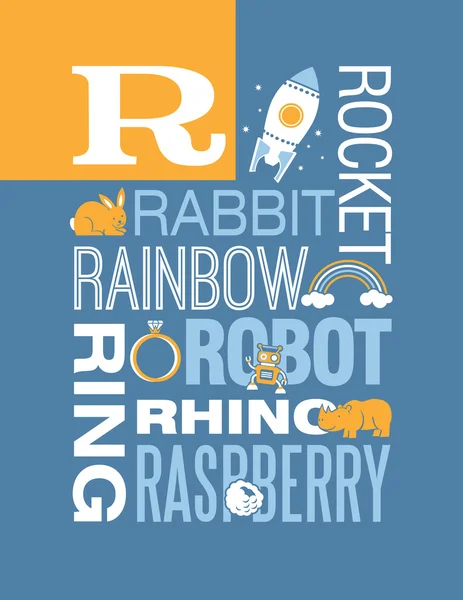 Letra R tipografía ilustración alfabeto cartel diseño con palabras que comienzan con R — Vector de stock