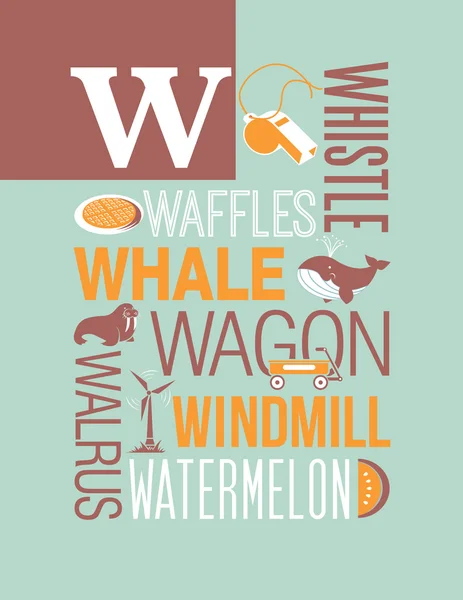 Letter W typografie illustratie alfabet poster design met woorden die met W beginnen — Stockvector