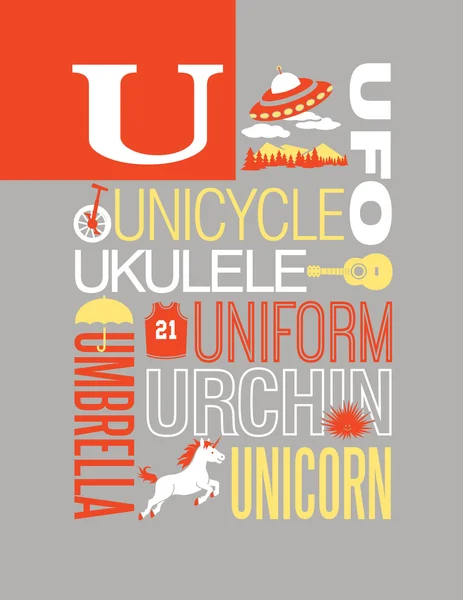 Lettera U tipografia illustrazione alfabeto poster design con parole che iniziano con U — Vettoriale Stock