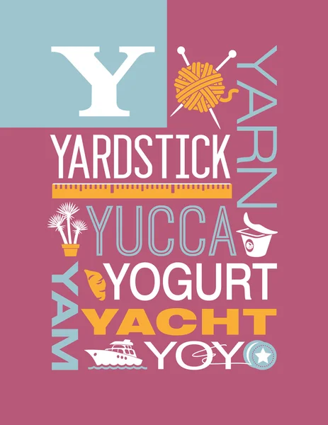 Літера Y типографія ілюстрація алфавіт плакат дизайн зі словами, які починаються з Y — стоковий вектор