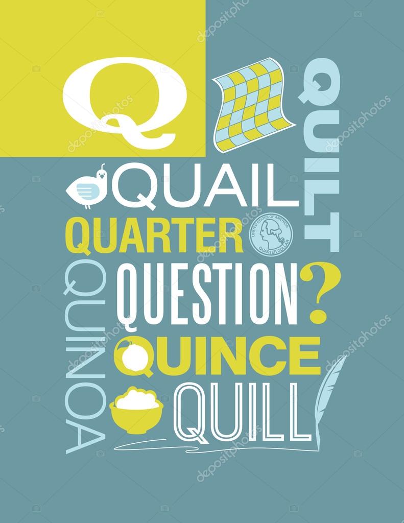 Illustrated vocabulary words typography design with the letter Q part of a series