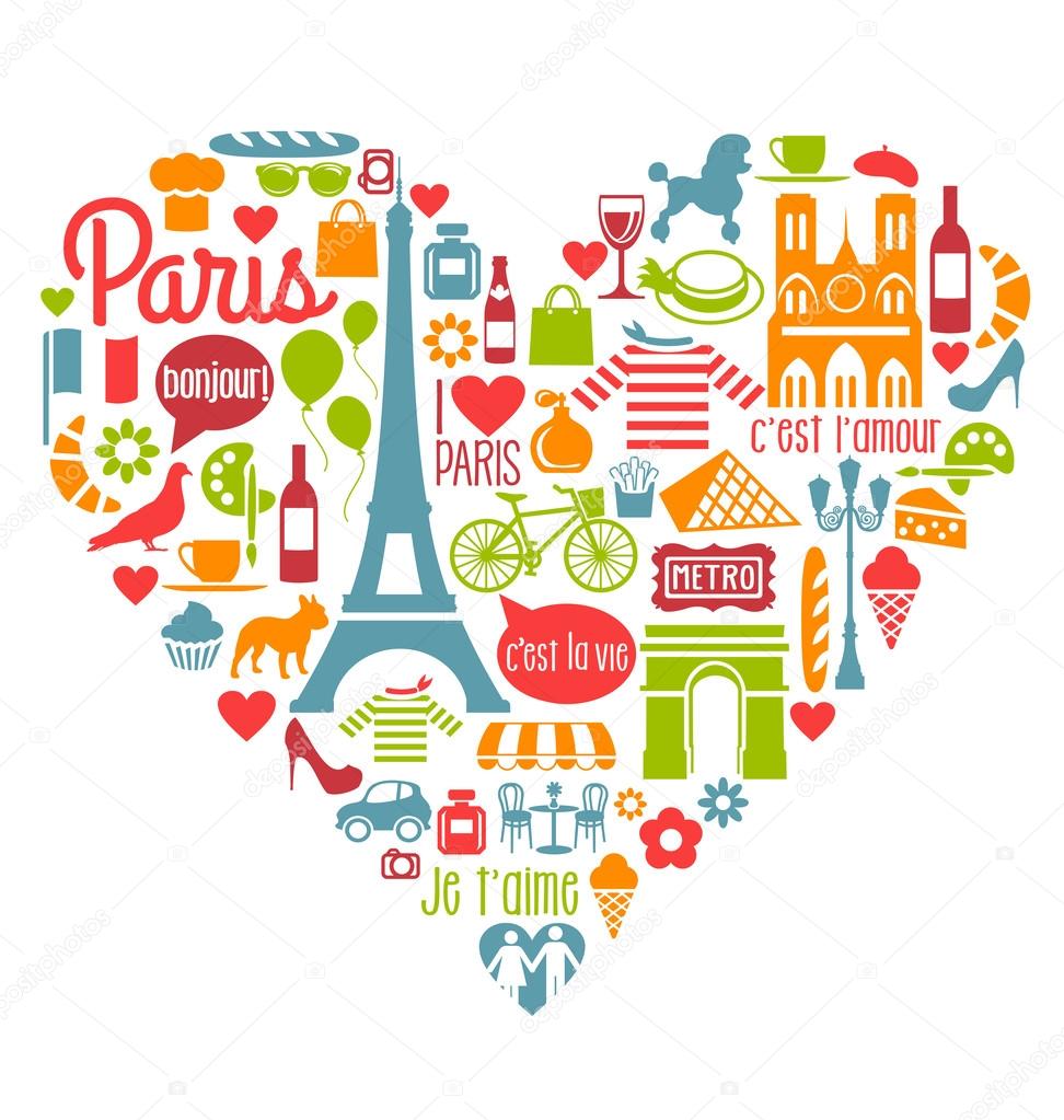 Paris France Icons Landmarks and attractions in a heart shape