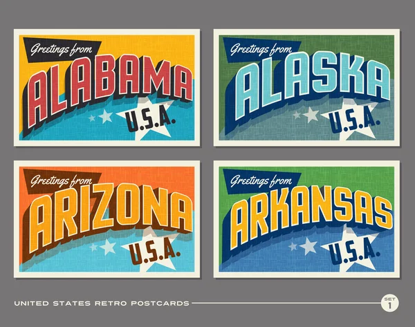 Estados Unidos tipografia vintage desenhos cartão postal —  Vetores de Stock