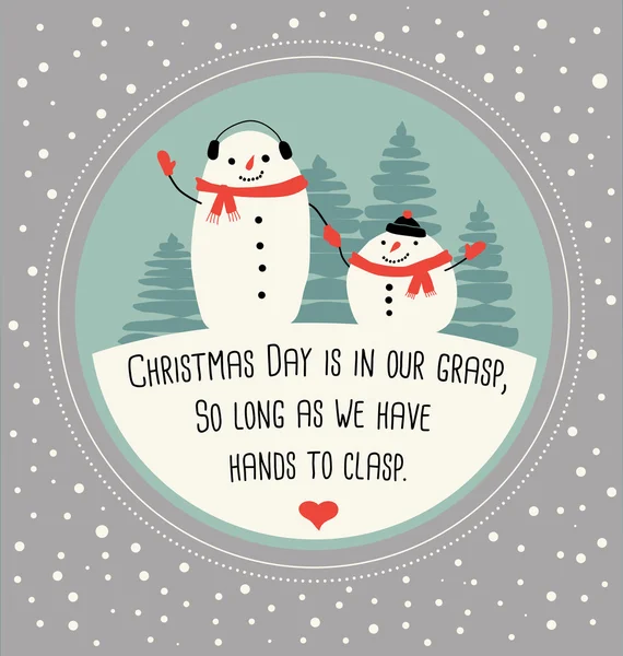 Jul hälsning kortdesign med glad snögubbe dras i platt syle — Stock vektor