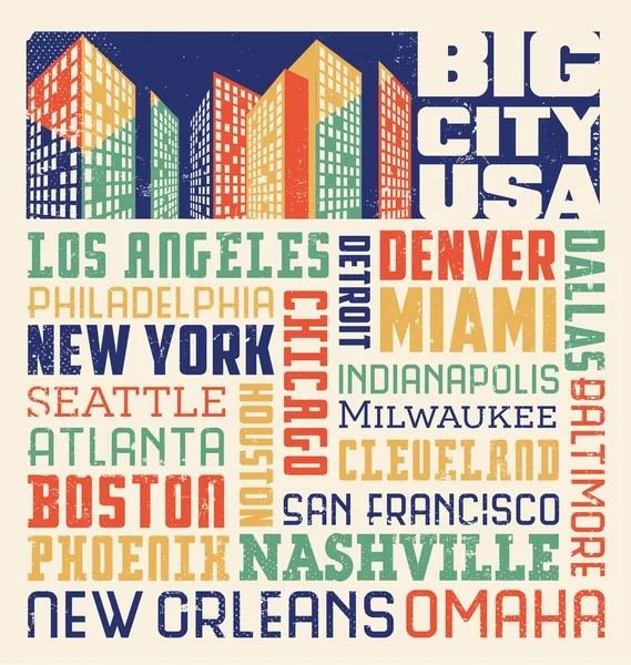 Typography t-shirt design with many big United States cIties — Stock Vector