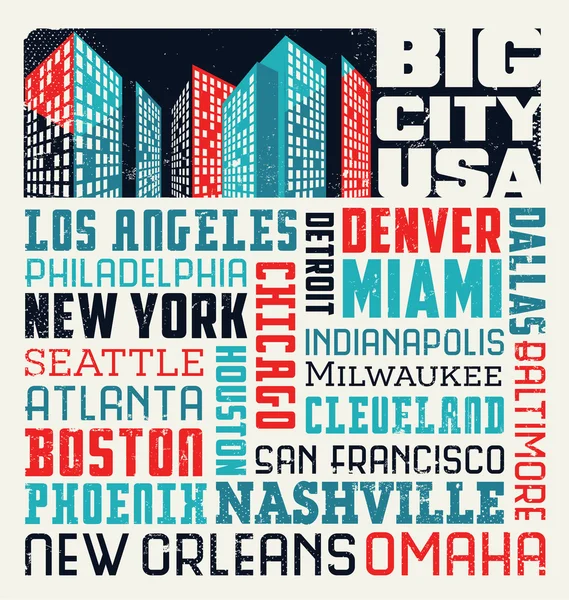 Typography t-shirt design with many big United States cIties — Stock Vector