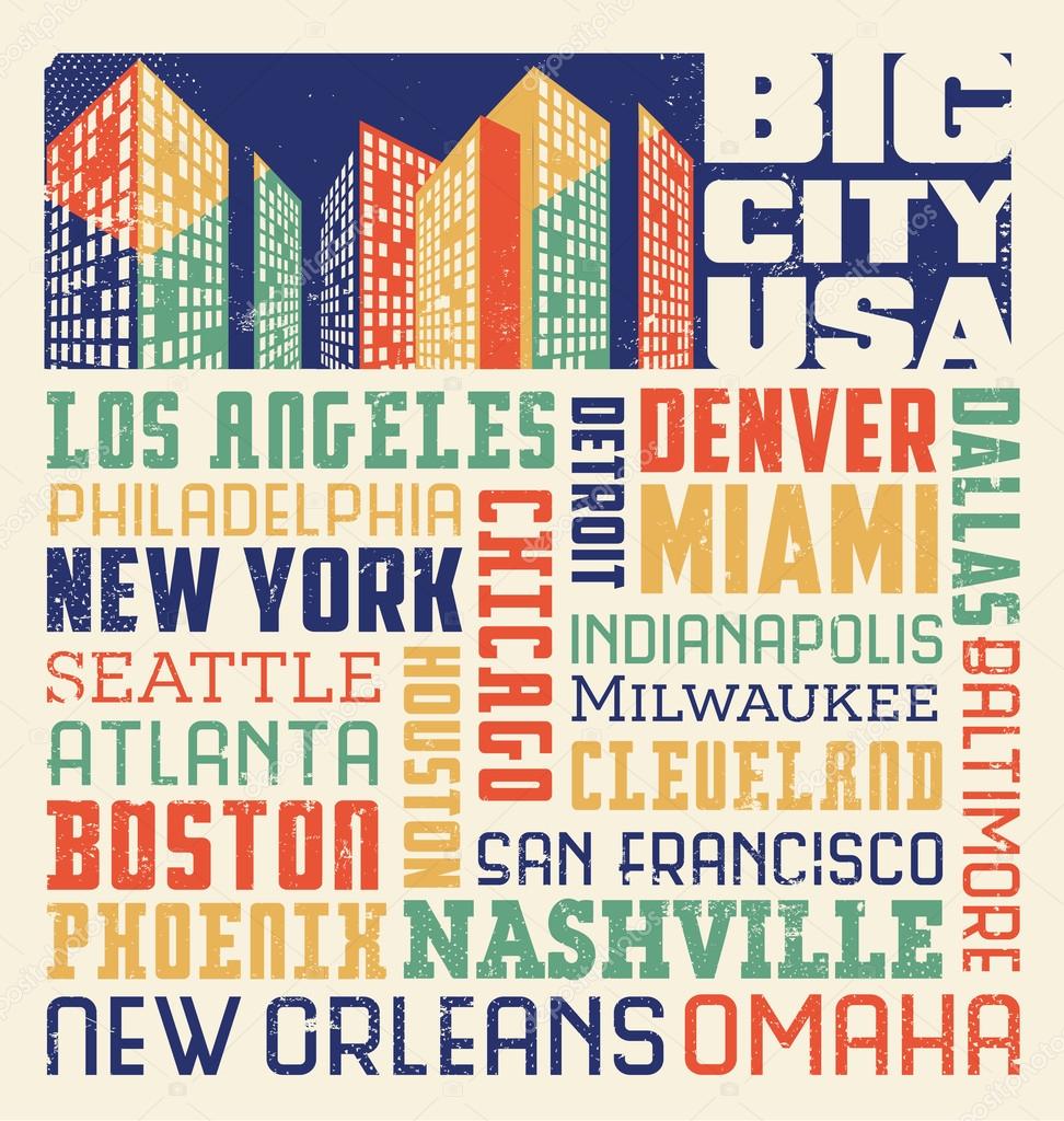 typography t-shirt design with many big United States cIties