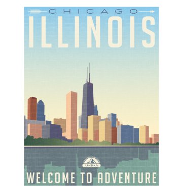 Retro style travel poster or sticker. United States, Illinois, Chicago skyline clipart