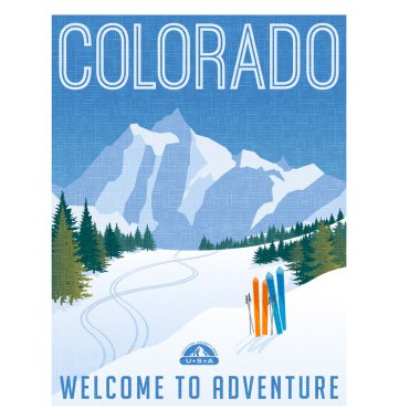 Retro tarzı seyahat poster ya da etiket. Amerika Birleşik Devletleri, Colorado. Kayak ile Rocky Mountain sahne izler