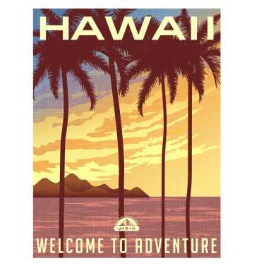 Retro tarzı seyahat poster ya da etiket. Amerika Birleşik Devletleri, Hawaii. Avuç içi ve günbatımı