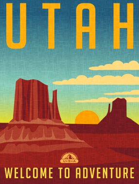 Retro tarzı seyahat poster ya da etiket. Amerika Birleşik Devletleri, Utah buttes