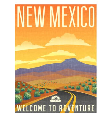 Retro tarzı seyahat poster ya da etiket. Amerika Birleşik Devletleri, New Mexico. günbatımı ve peyzaj