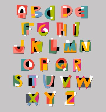 Abstract colorful alphabet font. Paper cut-out style clipart