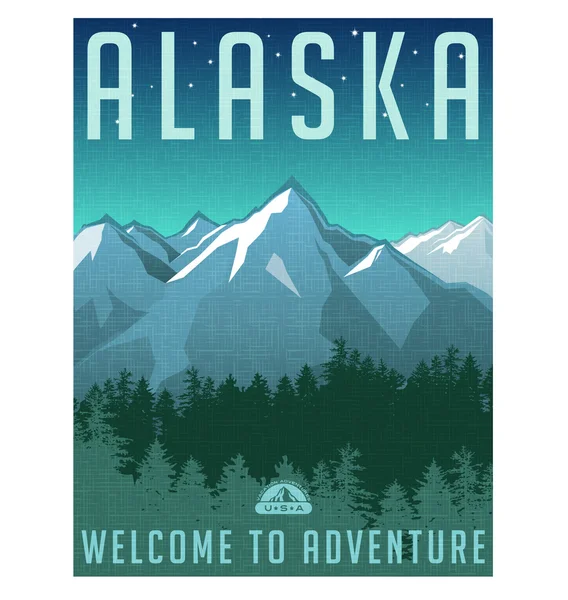 Retro stijl reizen poster of sticker. Verenigde Staten, Alaska bergen — Stockvector