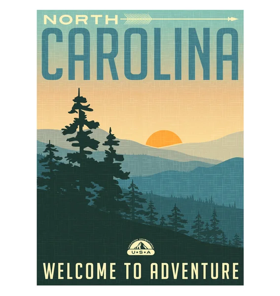 Cartel de viaje de estilo retro o pegatina. Estados Unidos, Carolina del Norte. Grandes montañas humeantes — Vector de stock