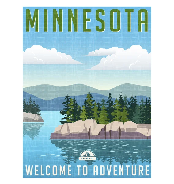 Retro style travel poster or sticker. United States, Minnesota lakes and pine trees — Stock Vector