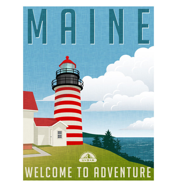 Retro style travel poster or sticker. United States, Maine lighthouse