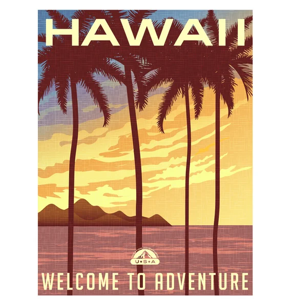 Retro style travel poster or sticker. United States, Hawaii. Palms and sunset — Stock Vector