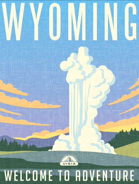 Retro style travel poster or sticker. United States, Wyoming. geyser erupting.