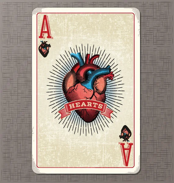 Vintage playing card. Ace of Hearts with anatomical heart illustration and ribbon banner — Stock Vector