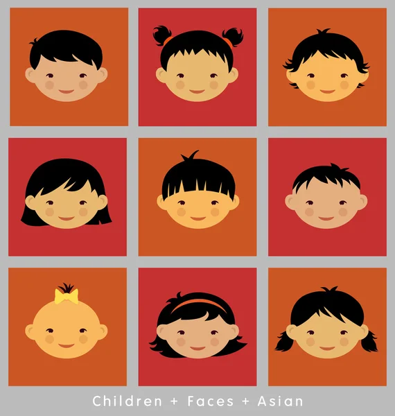 Set of cute children's children's faces. Asian. flat style. — Stock Vector