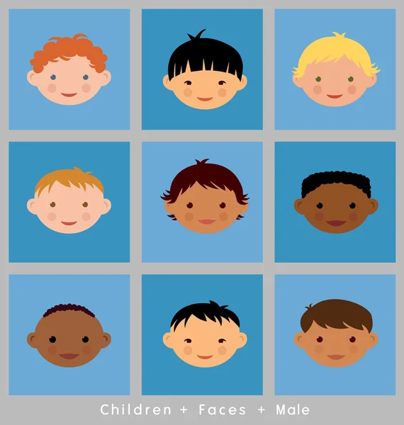 Conjunto de caras de niños lindos. Chicos. estilo plano. diferentes grupos étnicos . — Vector de stock