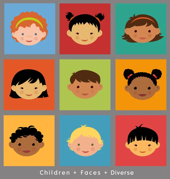 Conjunto de caras de niños lindos. estilo plano. diferentes grupos étnicos . — Vector de stock