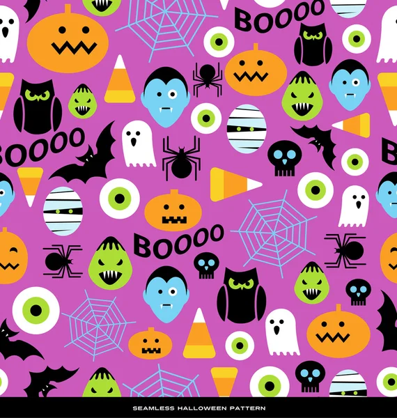 Patrón de tema de Halloween sin costuras con lindos personajes de icono — Vector de stock