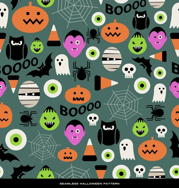 Naadloze halloween thema patroon met schattige icoon tekens — Stockvector