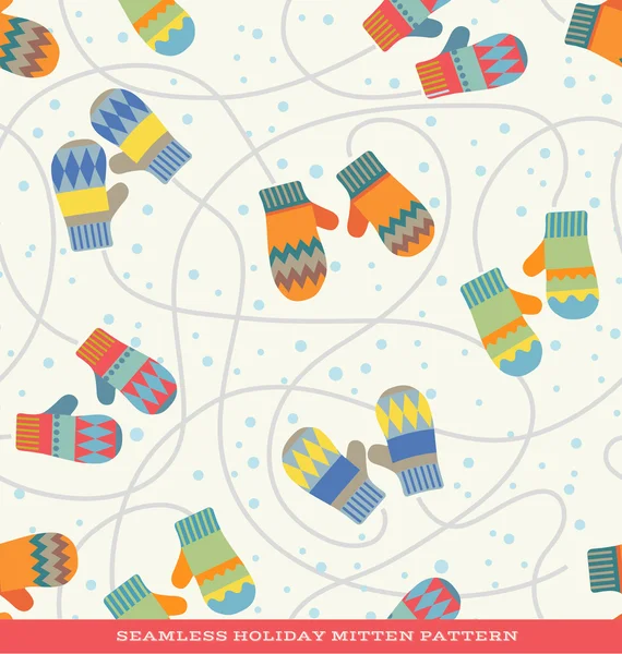 Seamless vector holiday pattern with mittens and snow — Stock Vector