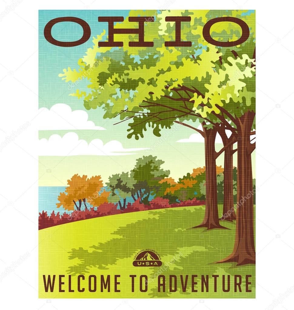 Retro style travel poster or sticker. United States, Ohio. park landscape with mature trees and lake