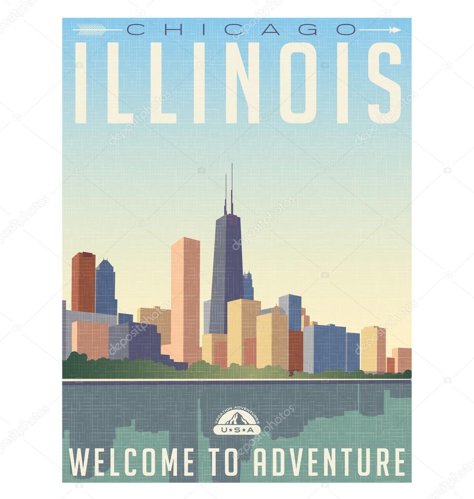 Retro style travel poster or sticker. United States, Illinois, Chicago skyline