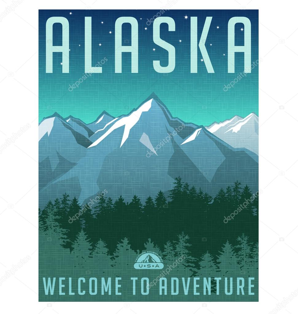 Retro style travel poster or sticker. United States, Alaska Mountains