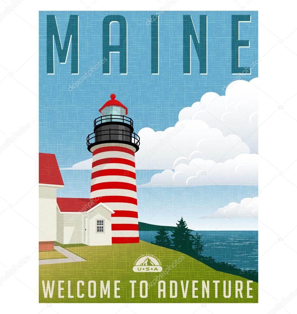 Retro style travel poster or sticker. United States, Maine lighthouse