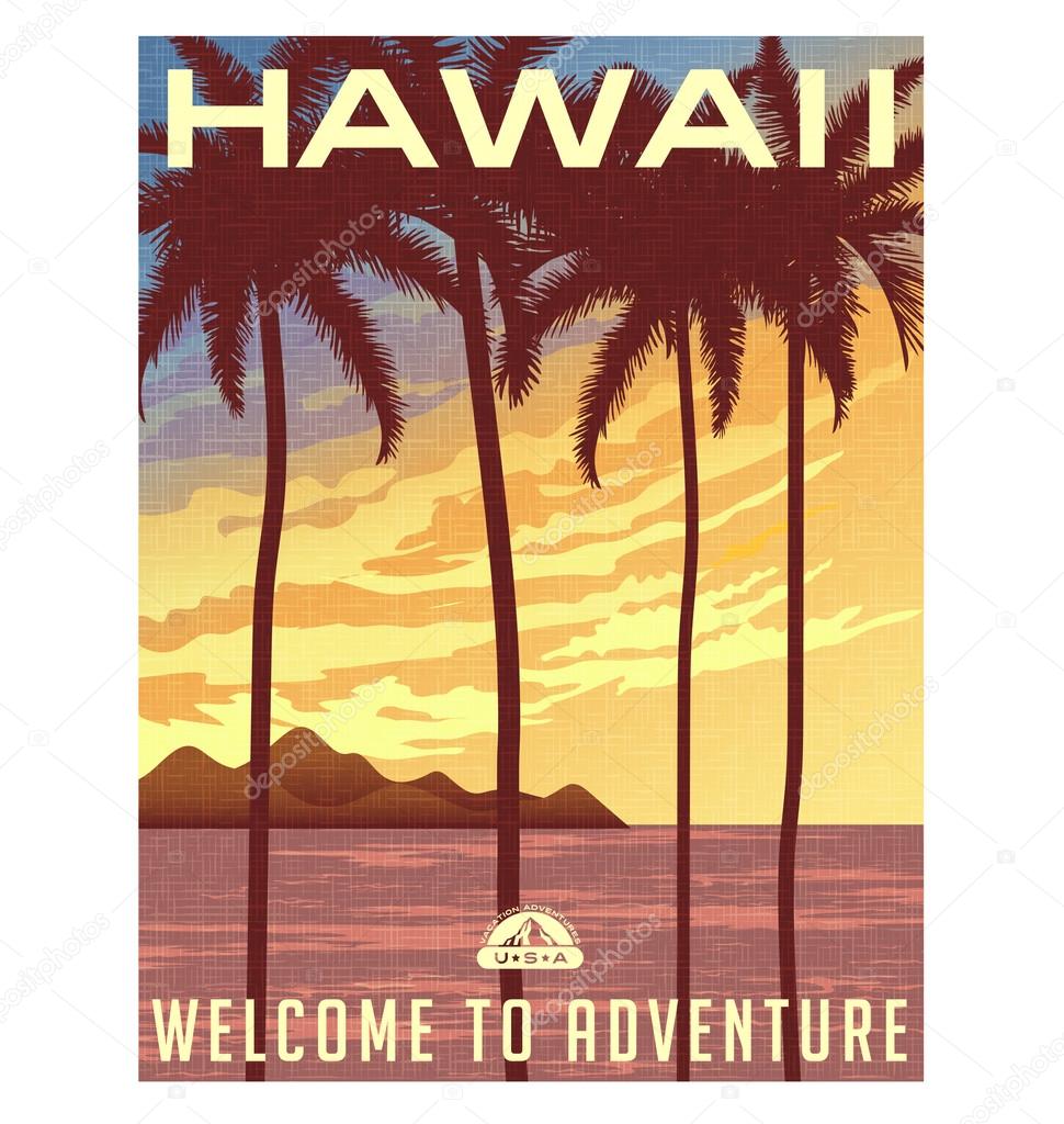 Retro style travel poster or sticker. United States, Hawaii. Palms and sunset