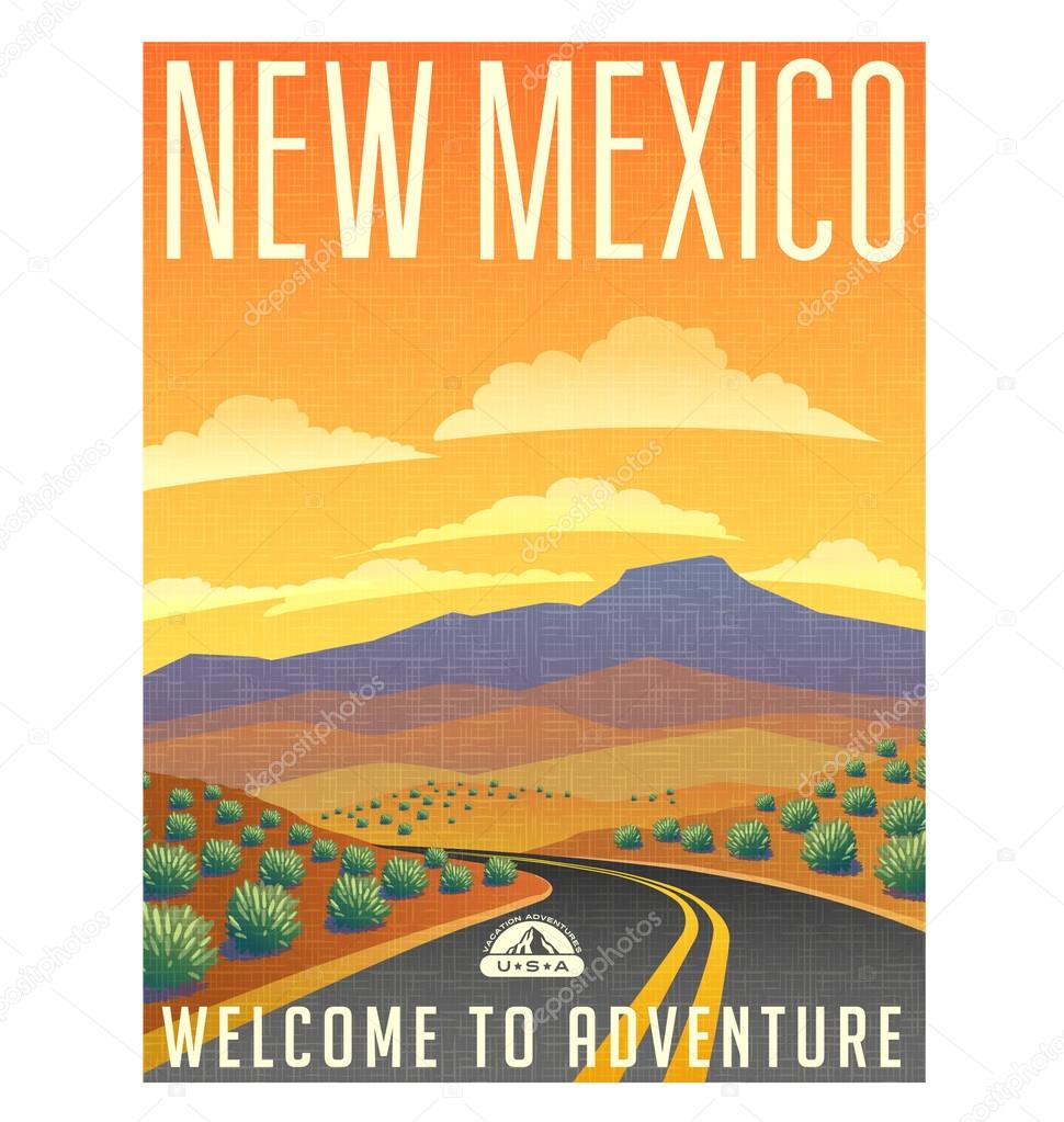 Retro style travel poster or sticker. United States, New Mexico. sunset and  landscape