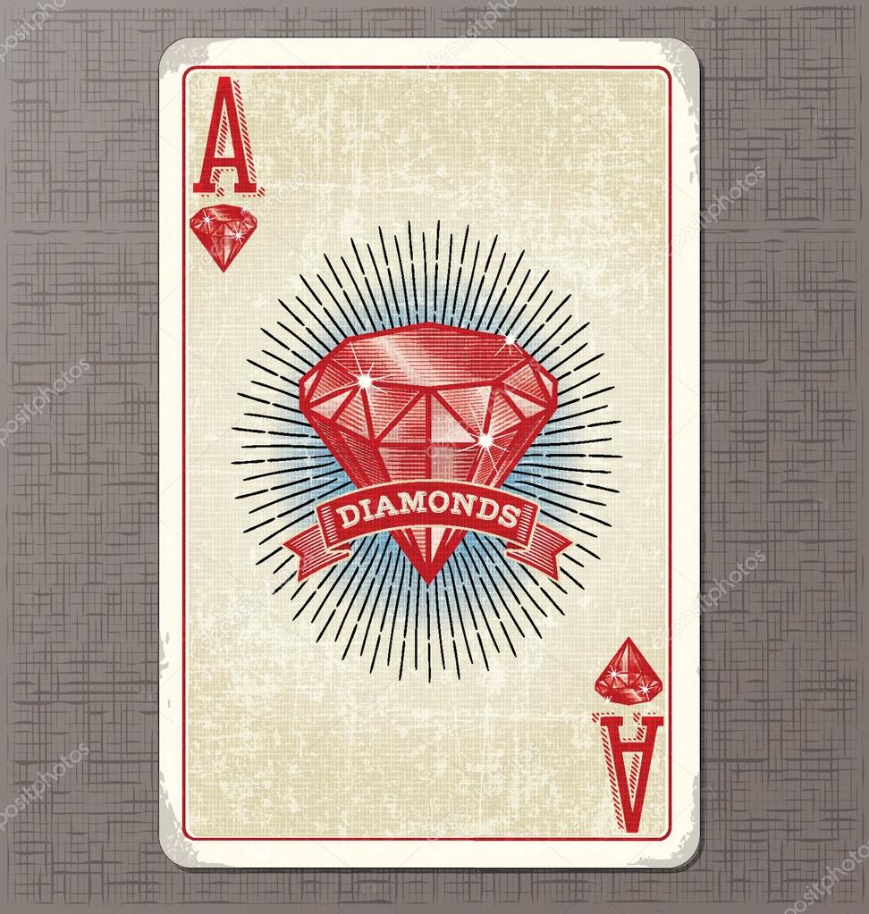 Vintage playing card. Ace of Diamonds with illustrated diamond and ribbon banner