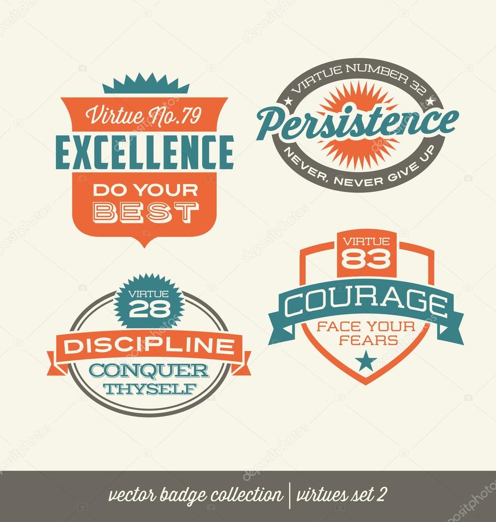Badge label collection with virtues- positive character traits on retro style crests