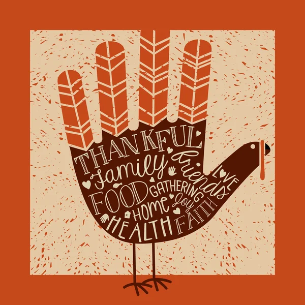 Thanksgiving-kaart ontwerpen met thema woorden en schattig hand afdrukken Turkije — Stockvector
