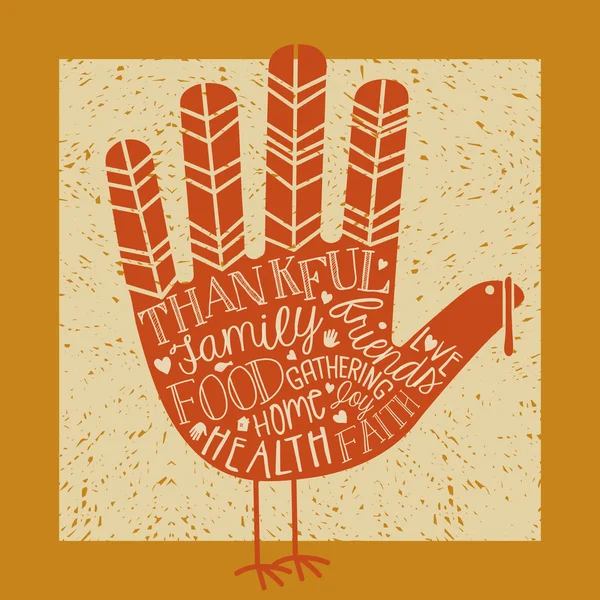 Thanksgiving-kaart ontwerpen met thema woorden en schattig hand afdrukken Turkije — Stockvector