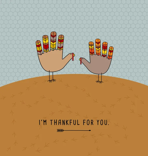 Thanksgiving card design with cute hand print turkeys. I'm thankful for you. — Stock Vector