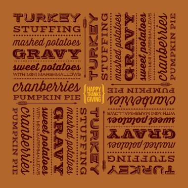 Şükran günü tipografik tasarım. Geleneksel Şükran günü akşam yemeği menüsü retro ekran yazı tipleri içinde listelenen.
