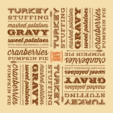 Şükran günü tipografik tasarım. Geleneksel Şükran günü akşam yemeği menüsü retro ekran yazı tipleri içinde listelenen.