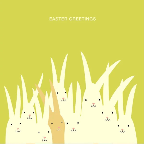 Diseño de tarjeta de felicitación de Pascua con gran grupo de conejos felices — Archivo Imágenes Vectoriales