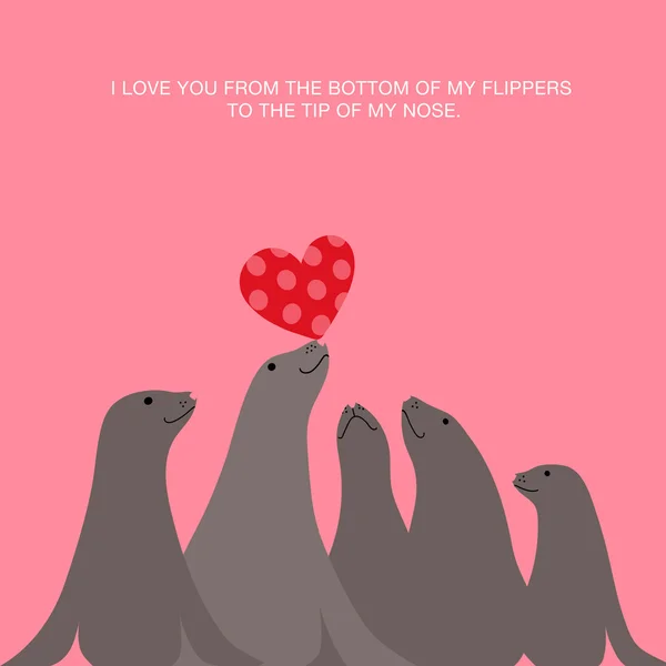 Ich liebe dich Valentinstag Kartendesign mit Seelöwen Robben Balancieren Herz auf Nase — Stockvektor